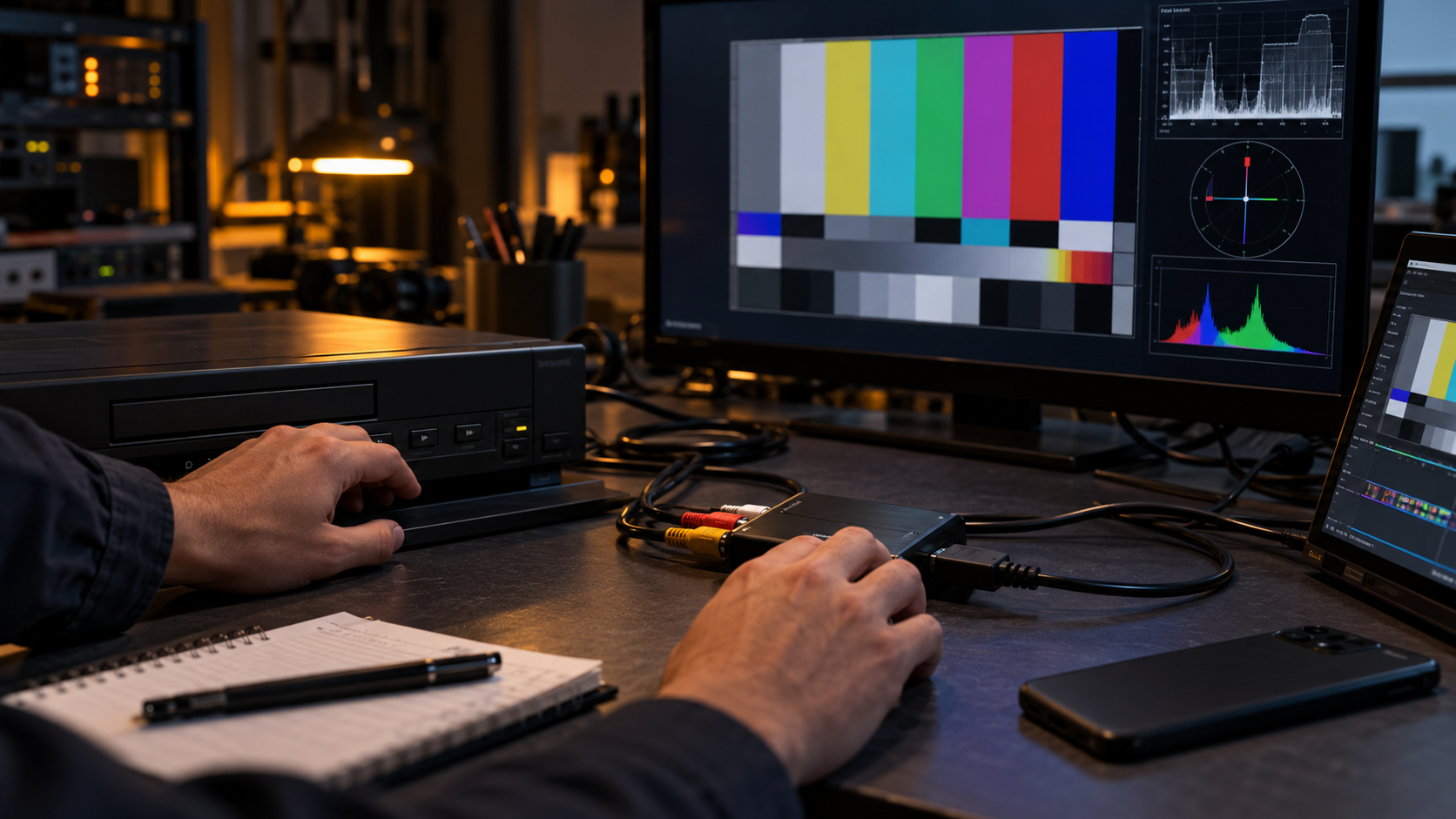 Engineer hands documenting an analog media-capture compatibility test