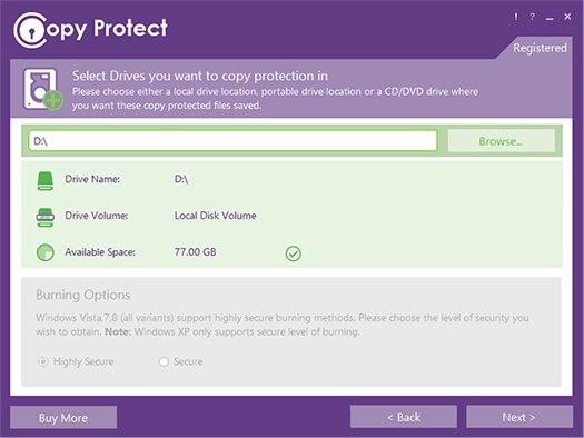 Copy Protect destination-drive selection screen