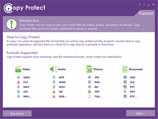 Copy Protect introduction screen listing supported media categories