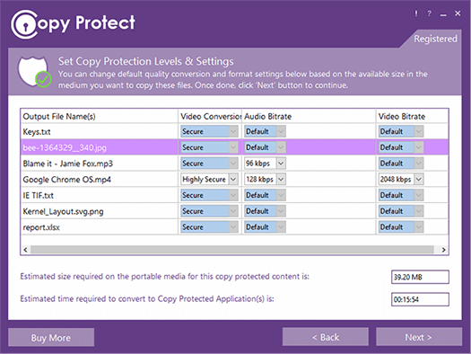 Copy Protect conversion and bitrate settings screen