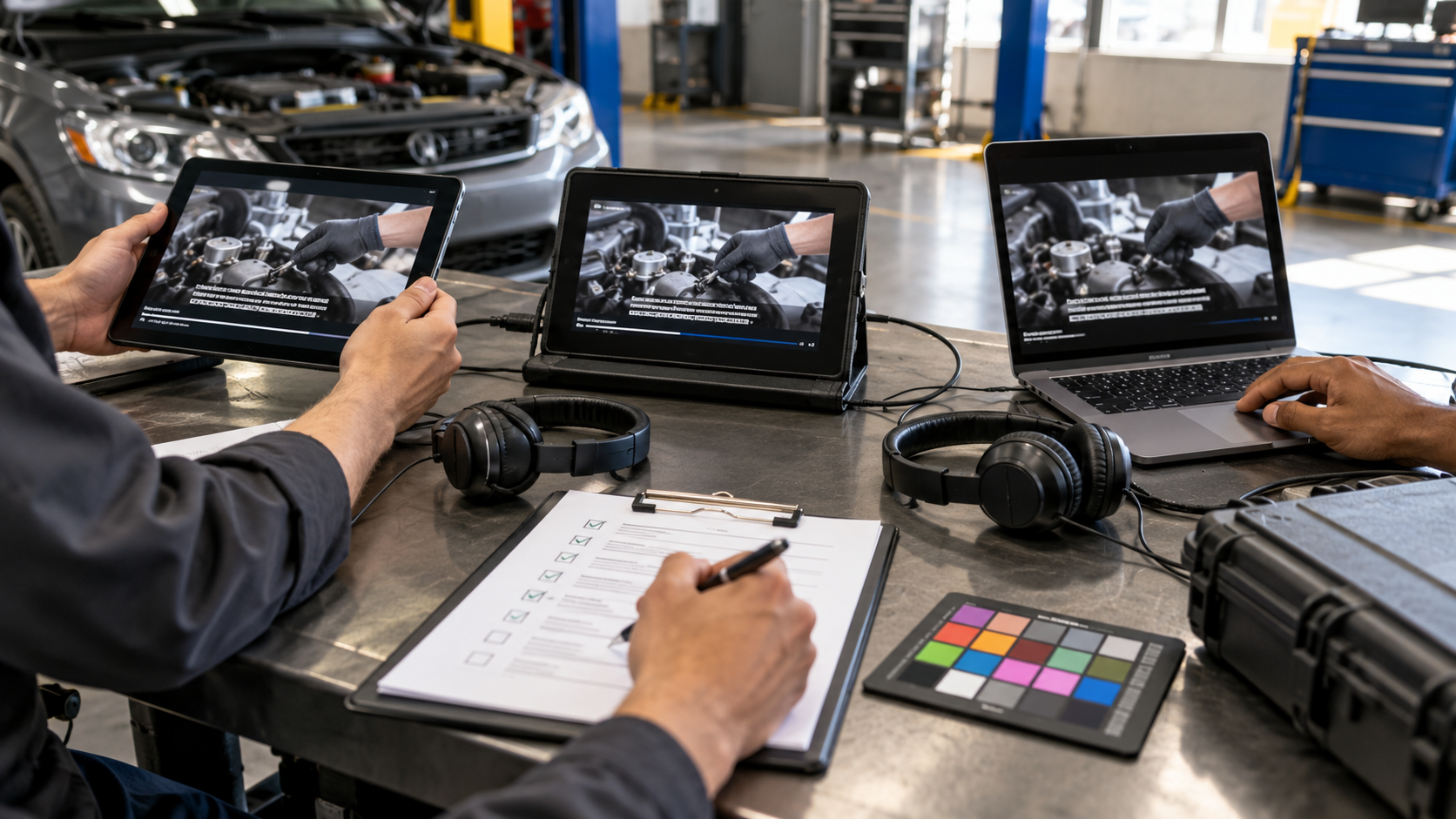 Faceless technicians testing the same training video on three devices