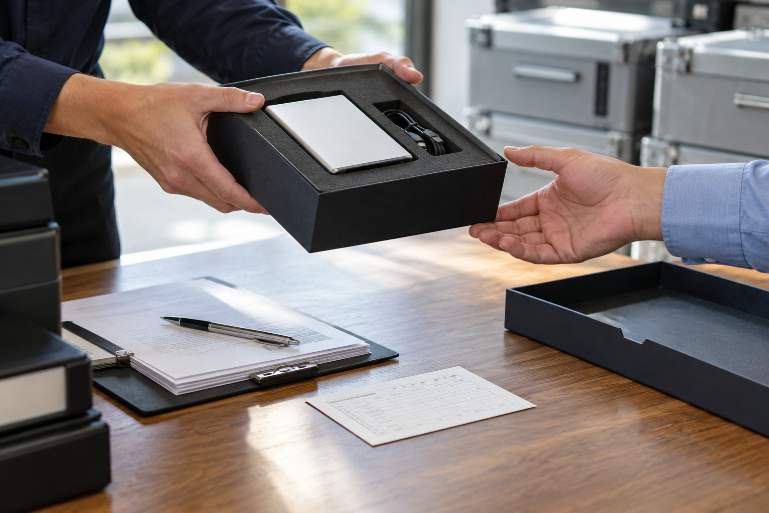 Hands transferring an approved master-drive package at final handover