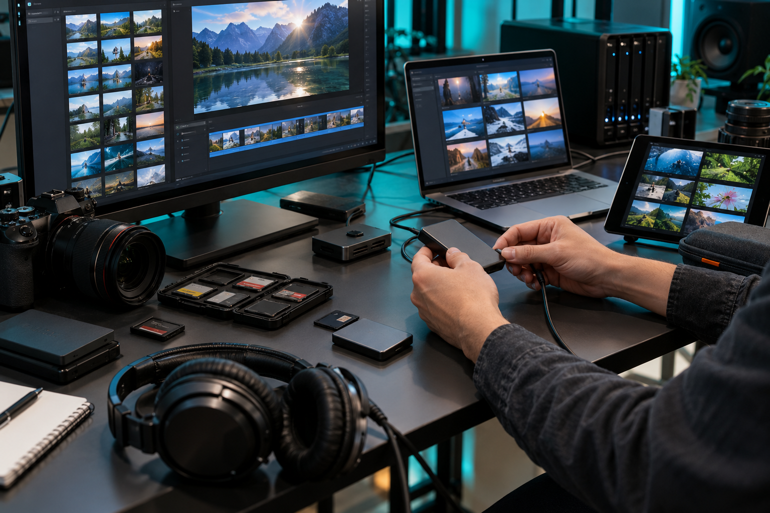 Technician hands testing exported media across an editing workstation and devices