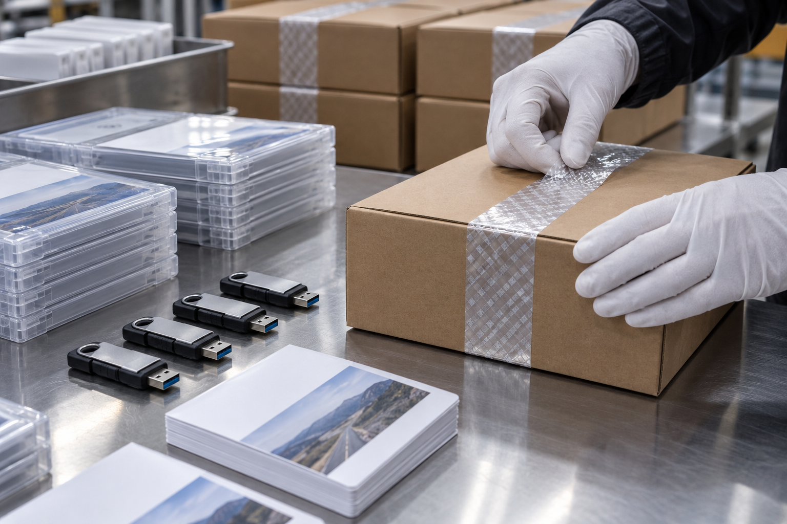Gloved hands sealing organized offline dealer-training media packages