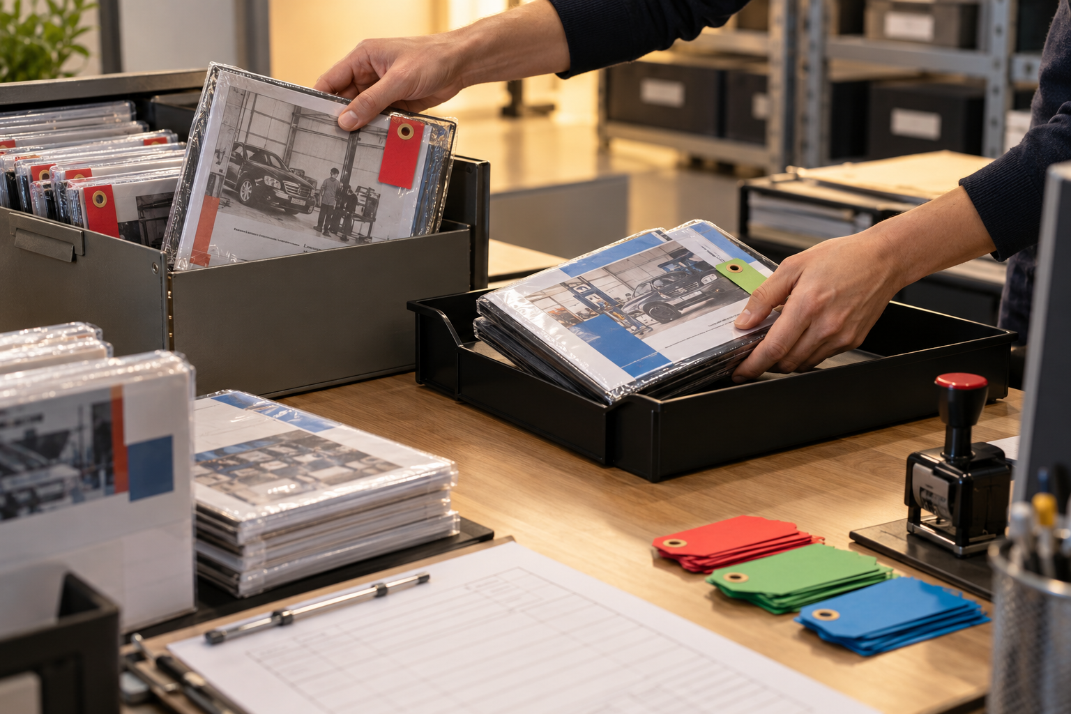 Hands withdrawing obsolete training media and filing a revised package