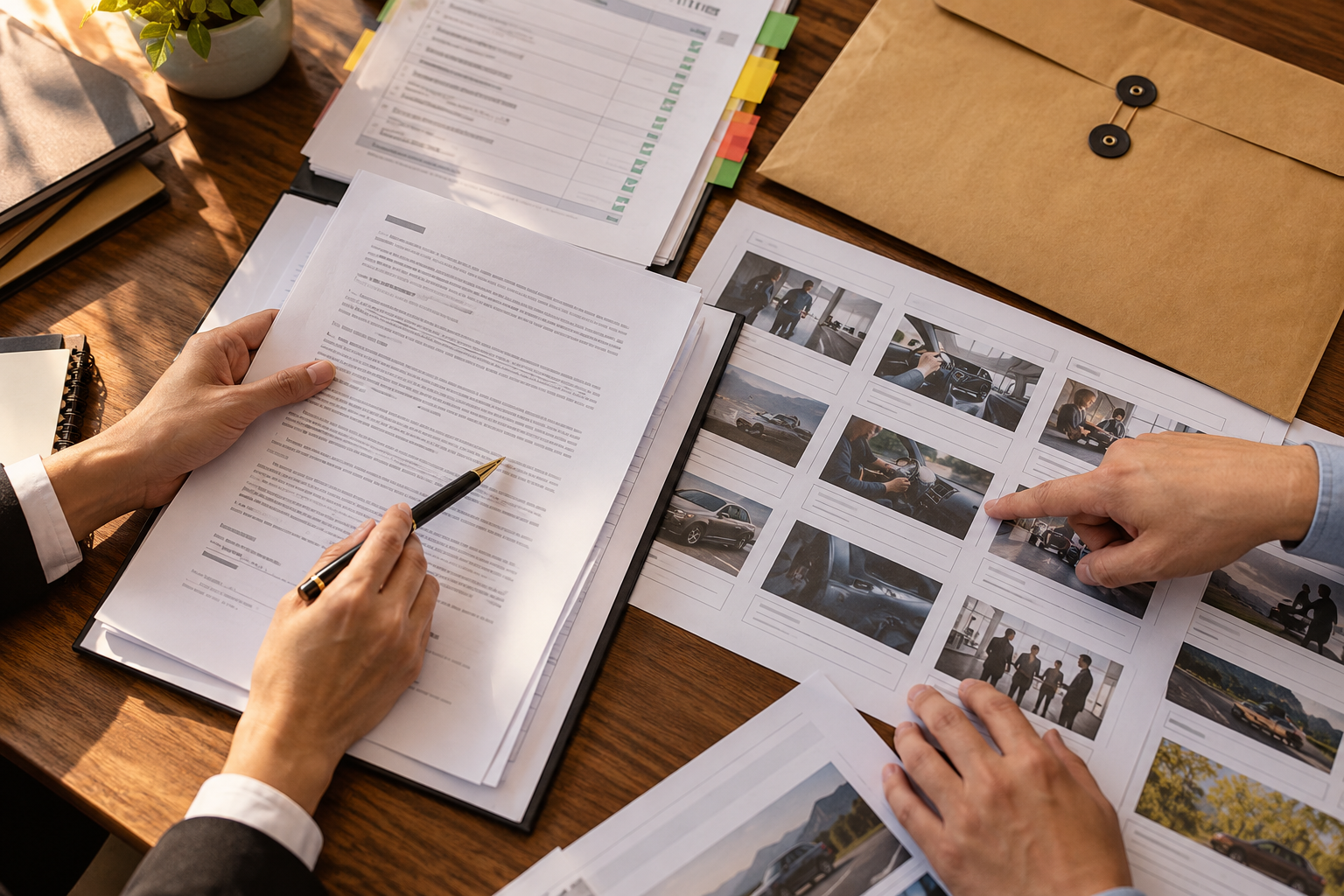 Hands reviewing training-video ownership documents and audience approvals